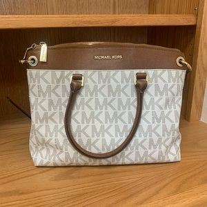 Michael Kors Large Top Zip Monogram Vanilla/Cream with Brown/Tan Upper
